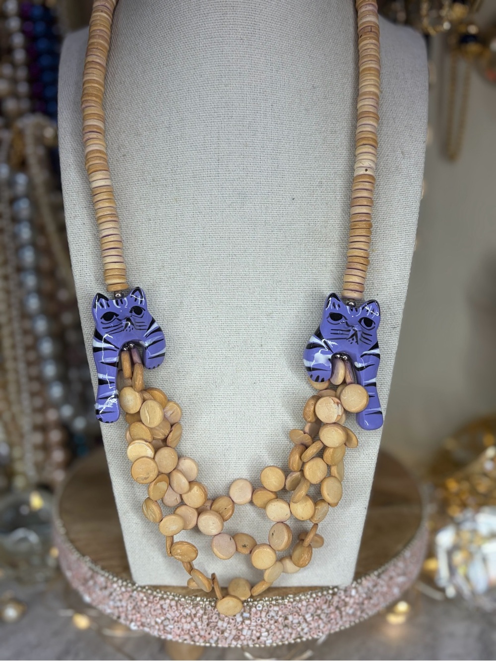 Vintage Wooden Necklace Tiger Beads Hand Painted Wood Jewelry